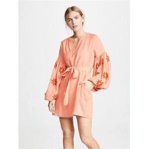 Sundress Cristiana Embroidered Mini Dress Gathered Sleeves Orange Size M NWT